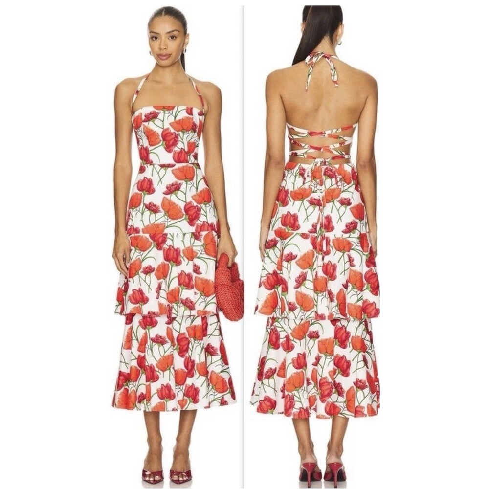 MILLY $475 Women's 12 Open Cross Back Red Peonia Poplin tiered Midi Dress